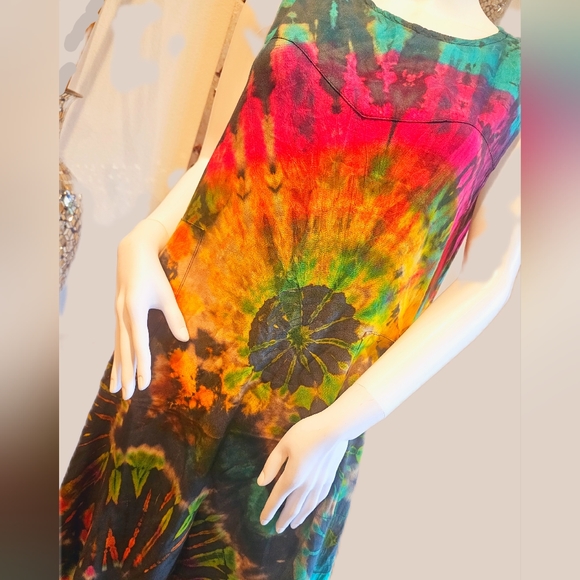 TIE DYE Colorful Rayon Flowy Midi Shift Dress OS NEW - Picture 6 of 8